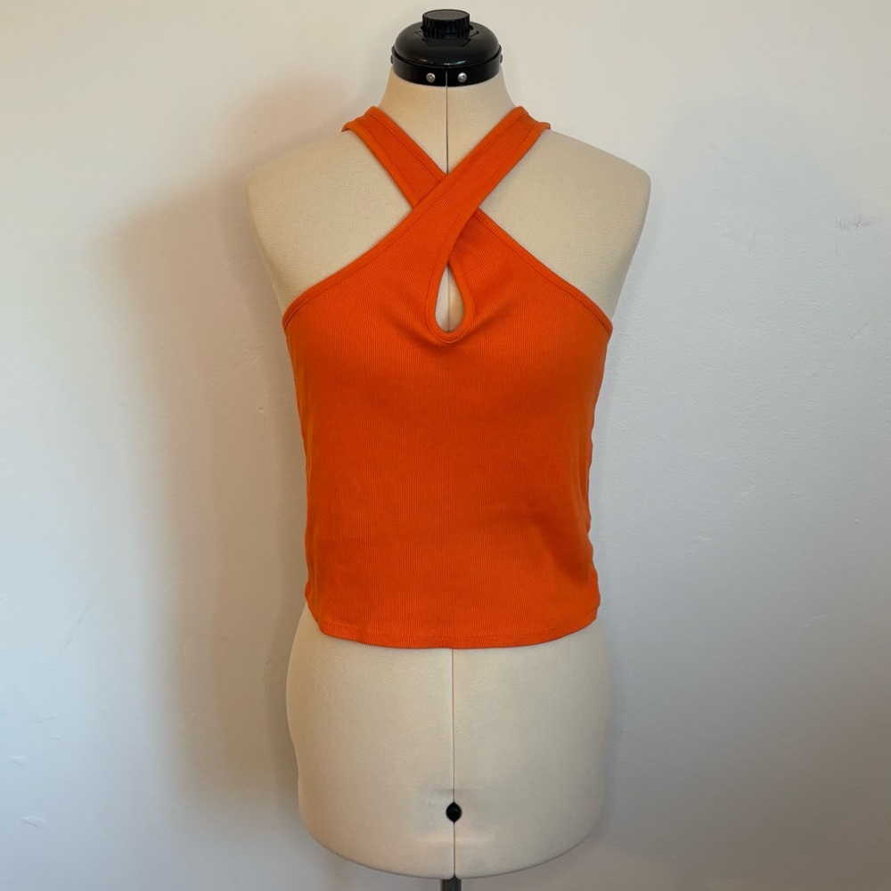 Anthropologie Bright Orange Ribbed Criss Cross Keyhole Neckline Tank, Size M